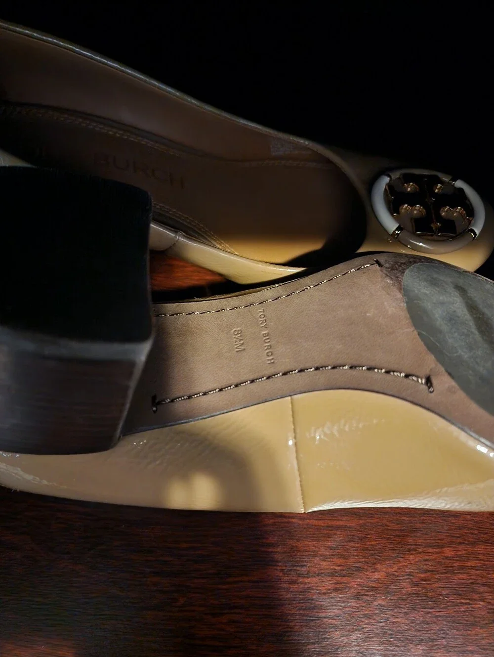 Tory Burch Beige Patent Leather Block Heel Pumps with Gold Emblem